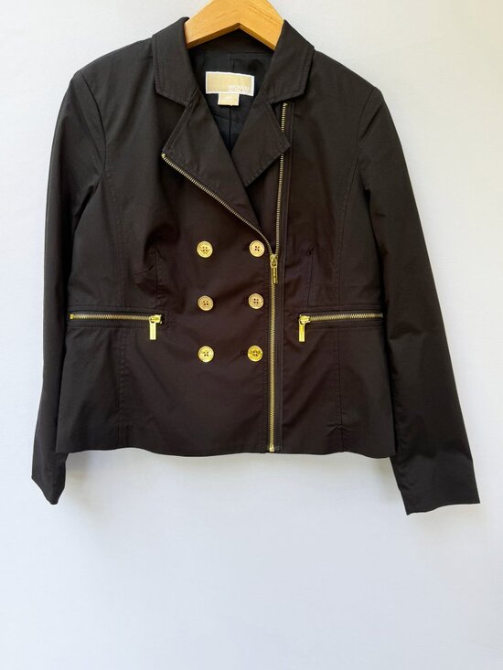 MICHAEL Michael Kors Jackets & Blazers - MICHAEL Michael Kors Petite Black Moto Peacoat Jacket Gold MK Buttons 8P NWOT